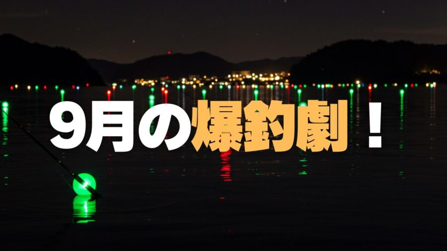 浜名湖の夜釣りで使用する電気ウキのクローズアップ。暗い水面に浮かぶカラフルなLEDライトが幻想的な光景を作る。