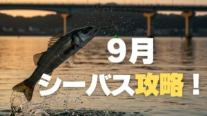 9月の浜名湖でシーバスが水面からジャンプしている瞬間を捉えた写真。背景に弁天島の橋と夕日が映る秋の釣りシーン