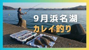 9月の秋晴れ、堤防上で投げ釣りを楽しんでいる男性がいる。手前には釣果として良型のカレイが並んでいる。