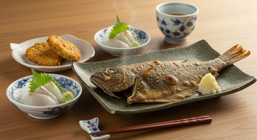 カレイ料理は和食の代表。手前には焼きカレイが皿にのっており湯気がたっていて焼きたてで美味しさが伝わってくる。脇には小鉢に入ったカレイの刺し身があり、和食らしい配膳がされている。