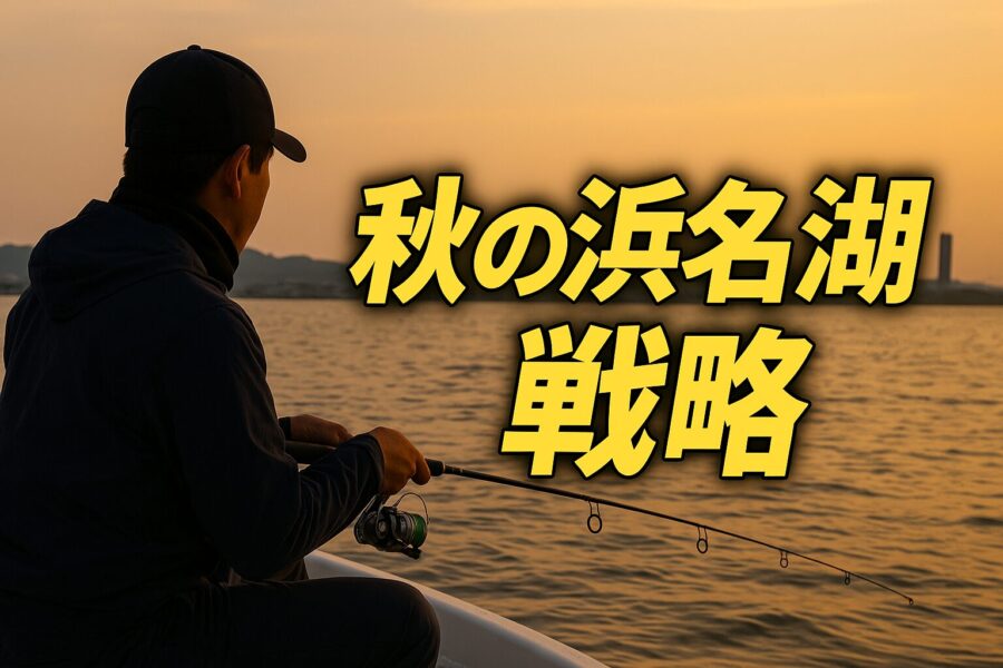 秋の夕暮れに浜名湖の湖面でボート釣りを楽しむアングラー。穏やかな水面と黄金色の光に包まれた風景の中、「秋の浜名湖戦略」という文字が中央に配置された16:9のサムネイル画像。