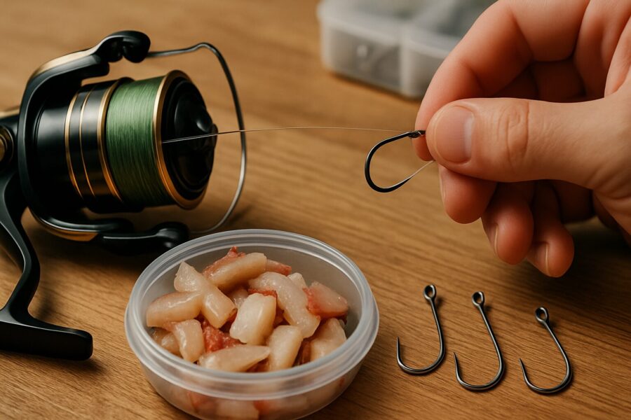 釣果を伸ばすテクニック紹介として釣具の紹介をしている画像。リール、釣り針、エサがある。