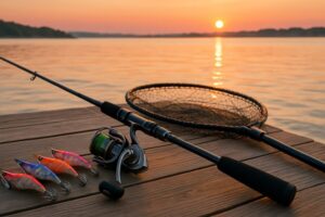 浜名湖の穏やかな夕焼けを背景に、エギングに必要なタックル（ロッド、リール、カラフルなエギ、タモ網）が木製の桟橋に整然と並べられています。これは、「エギング入門」というテーマにふさわしく、必要な道具と、釣り場の落ち着いた雰囲気を表現しています。