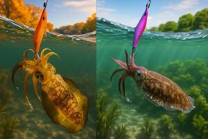 アオリイカがエギを捕まえる瞬間を表現している画像。