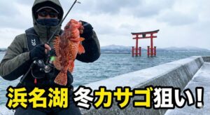 浜名湖の冬カサゴ釣りブログ記事のサムネイル画像。防寒着を着た釣り人が漁港で良型のカサゴ（ガシラ）を掲げている様子。背景は夕暮れの浜名湖。画像上の大きなテキストは「浜名湖 冬カサゴ狙い！」。