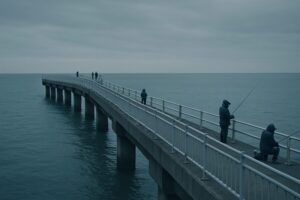 新居弁天海釣公園の堤防をイメージした画像。長い堤防に釣り人が数人いる。冬の夜明け直後のマヅメタイムを表現している薄暗い感じ。