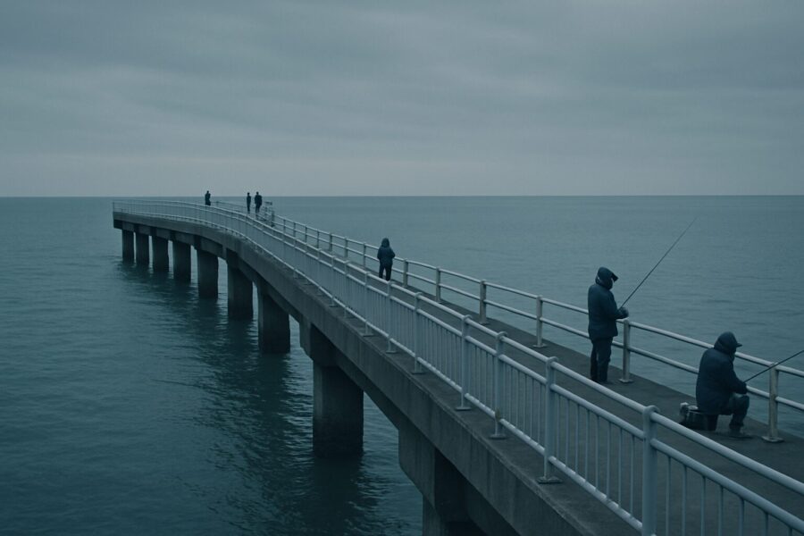 新居弁天海釣公園の堤防をイメージした画像。長い堤防に釣り人が数人いる。冬の夜明け直後のマヅメタイムを表現している薄暗い感じ。