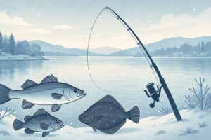 12月の浜名湖らしく寒いイメージがあるイラスト。シーバス、メバル、ヒラメが描かれている。それを釣るための釣具がとなりにある。