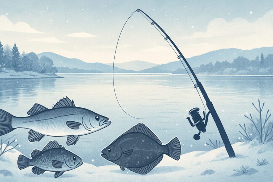 12月の浜名湖らしく寒いイメージがあるイラスト。シーバス、メバル、ヒラメが描かれている。それを釣るための釣具がとなりにある。