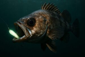 夜の水中で白色のルアーを狙うメバルの様子。