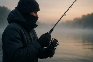 冬の浜名湖で釣りをしている男性。肌を出しているのは顔の一部で目の周りだけ。他は完全な防寒装備で、冬の真から冷える背景からしても温かそうに見える。