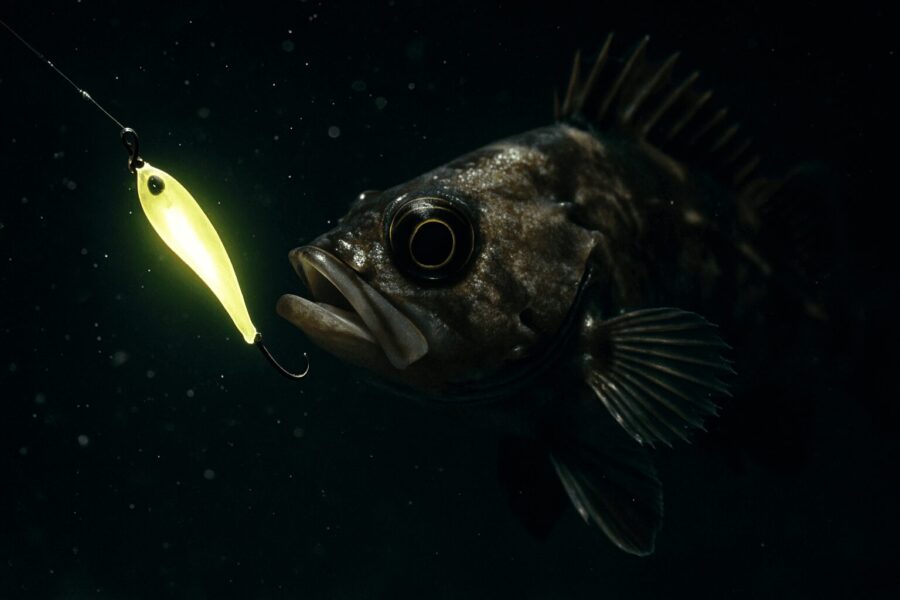 冬のライトゲーム相手にふさわしいメバルが、白色のルアーを闇夜で食いつこうとしている様子。