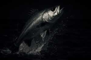 闇夜にうっすら浮かんでいシーバス（スズキ）。