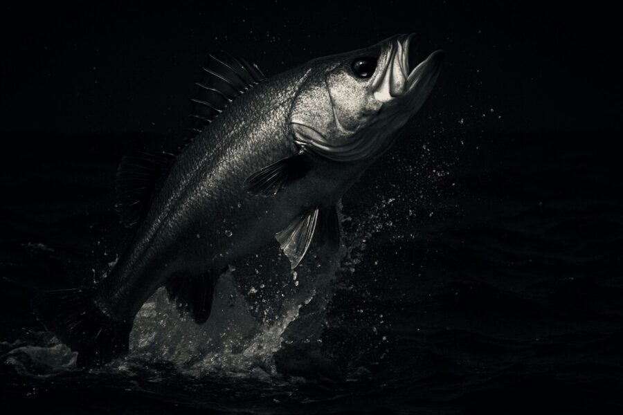 闇夜にうっすら浮かんでいシーバス(スズキ)。