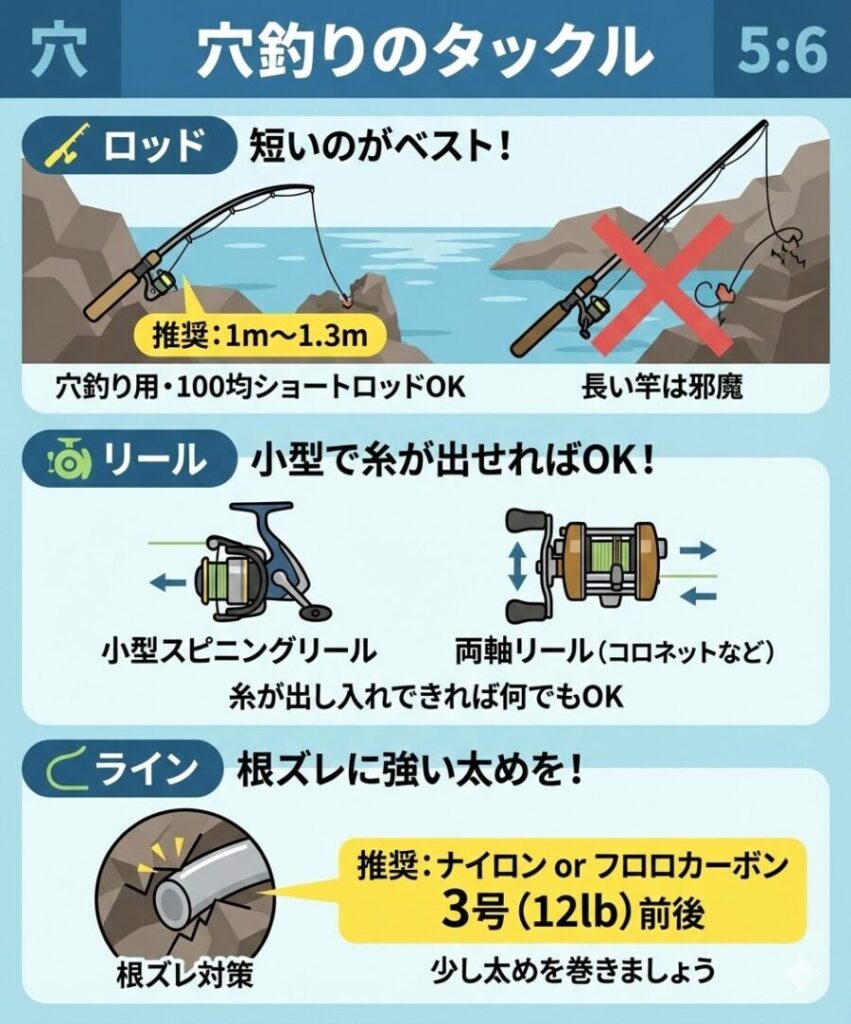 穴釣りに使うタックルの説明。ロッドのおすすめは硬いものがベスト。リールはスピニングと太鼓型どちらでもOK。ラインは根ズレに強い5号前後を使うといい。