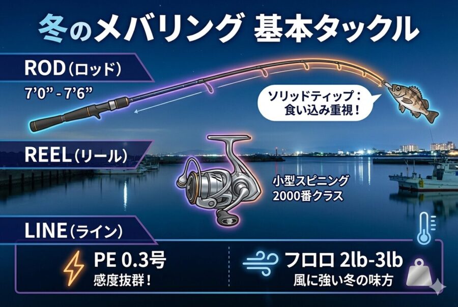 冬のメバリングタックル(ルアー)の説明画像。ロッドは7.2ft前後。メバリングモデルのソリッドティップがおすすめ。リールは2000~3000番のスピニングリール。ラインはメインにPE3.0号、リーダーはフロロカーボン2lbから5lb。