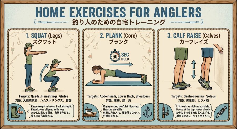 アングラーに必要な3つの筋トレ。１．スクワット。２．プランク。３．カーフレイズ。