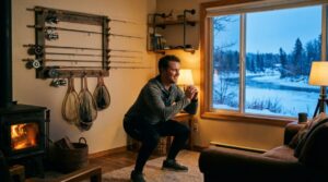 室内でスクワットをしている男性。背面には釣り竿が飾ってあり、釣り人がオフシーズンである冬に筋トレをしていることが、窓の外に雪がつもっていることからわかる。