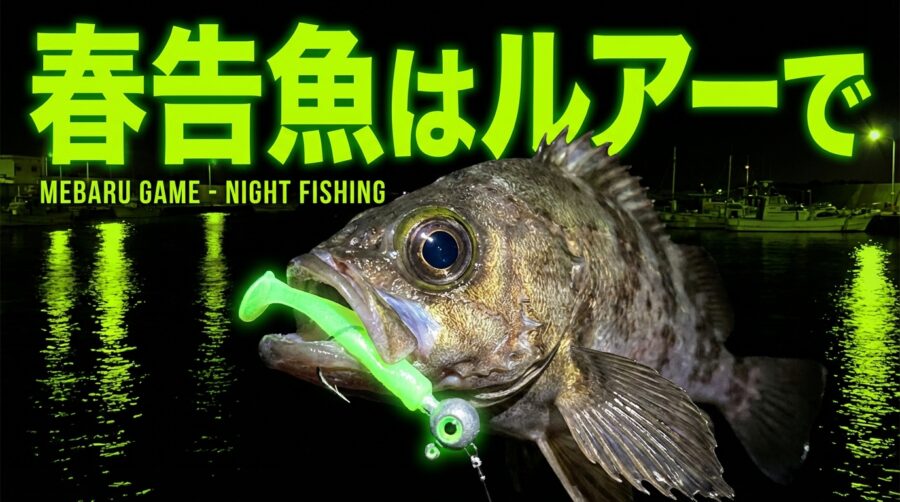 「春告魚はルアーで」のキャプションがあり、ルアーをくわえたメバルが大きく表示されている。