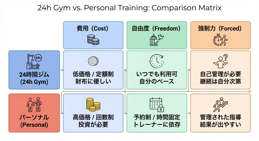 ２４時間営業のジムとパーソナルジムで要素の違いをまとめている。
