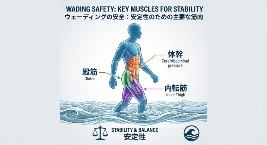 ウェーディングを安全にするために鍛えるべき部位を説明。体幹・臀筋・内転筋。これらは直立を維持するために重要な筋肉であり、釣りだけでなく日常生活の可動性も高める。