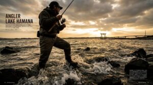 釣り人が岩礁帯で釣りをしている様子。遠くに赤鳥居と大橋が見えるので浜名湖のどこかだとわかる。