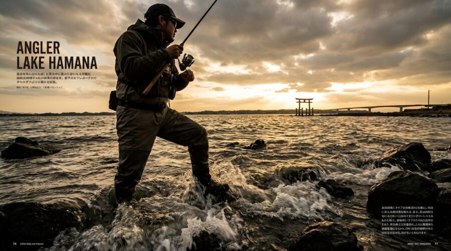 釣り人が岩礁帯で釣りをしている様子。遠くに赤鳥居と大橋が見えるので浜名湖のどこかだとわかる。