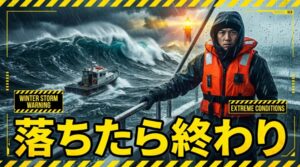 ライフジャケットを着た男性と冬の荒々しい海の構図。