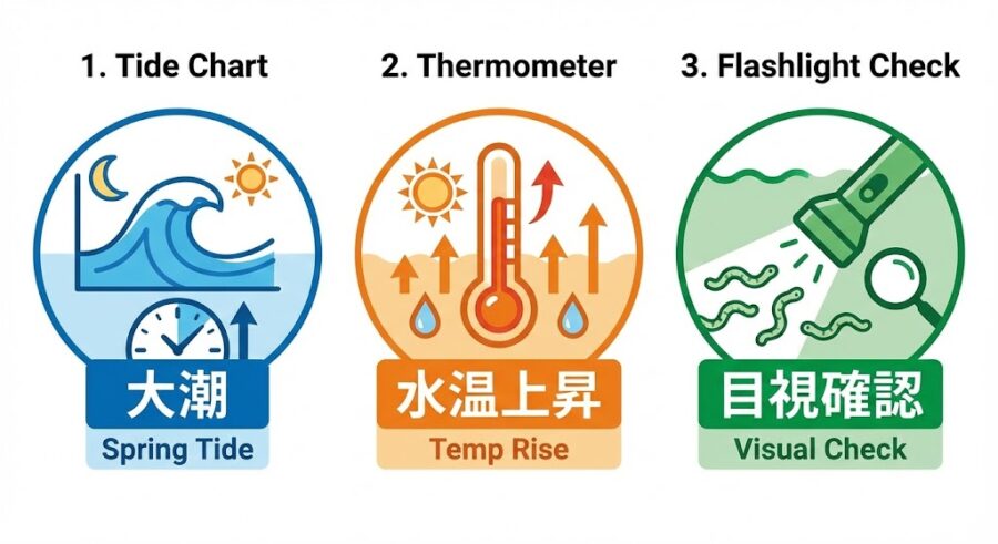 バチ抜けを見極める3つのサインとは、１．大潮。２．水温の上昇（気温が上がって春が近づく）。３．目視確認（実際にバチが泳いでいる姿をみること）