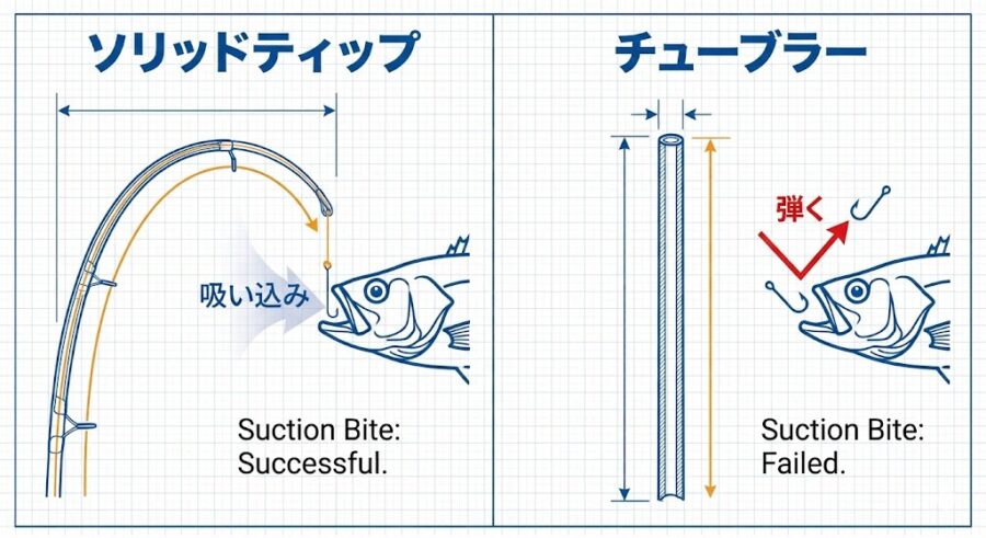 バチ抜けにソリッドティップを使うべき理由を説明。柔らかい穂先のほうがルアーを吸い込みやすく、アタリを弾かない。