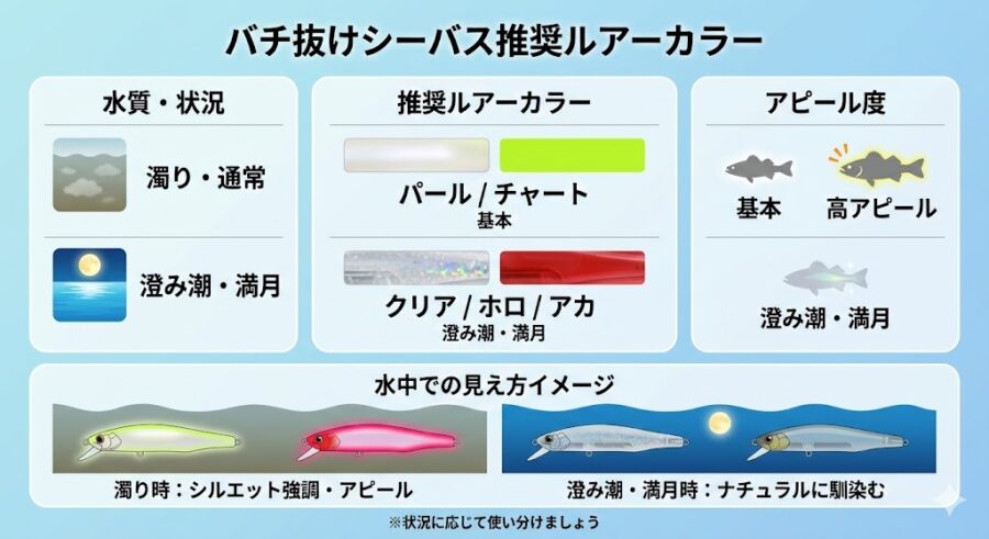 バチ抜けパターンに使うおすすめのルアーカラーを説明している。推奨はパール・チャート・クリア・ホロ・アカ。水中で見えかたのイメージをして、コントラストを重視すること。