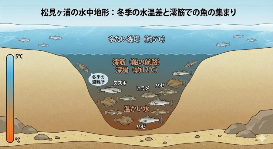水深があるエリアはなぜ冷水になる冬でも釣れるのか。それは底付近になるほど地熱で水が一定の温度をキープするため、魚も越冬場所に選ぶから。その説明を図でしている。