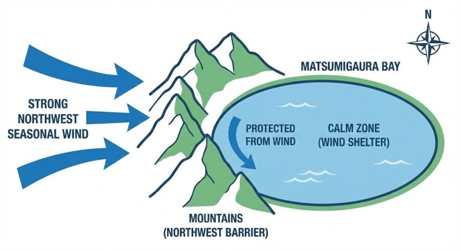 松見ヶ浦は周囲に山があるため、冬の北西から来る季節風を避けやすいエリア。そのため冬の風が強い日でもやりやすい。