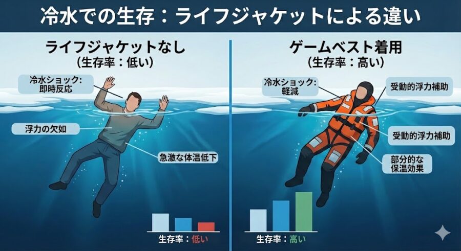 ライフジャケット装着時、冬の海での生存率の違いを解説。左がジャケットなしで生存率が低いことを説明。右がゲームベストを着用しているため、水に浮くことができるし部分的な保温効果もあるため、生存率が高いとされている。