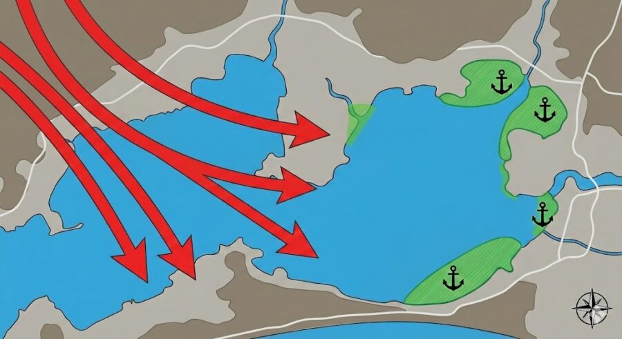 北西風が吹いているなら、風裏になりやすい位置を説明している。背後に山があるエリア。向かい風なら後ろから押されることがないから落水の危険性が薄い。これらの理由で、セーフティなエリアを説明している。